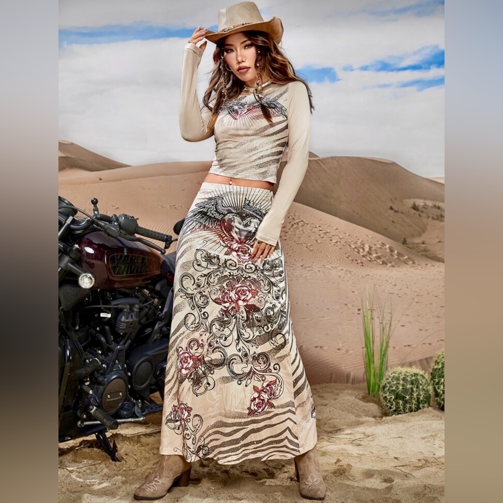 SHEIN Beige and Black Floral Maxi Skirt